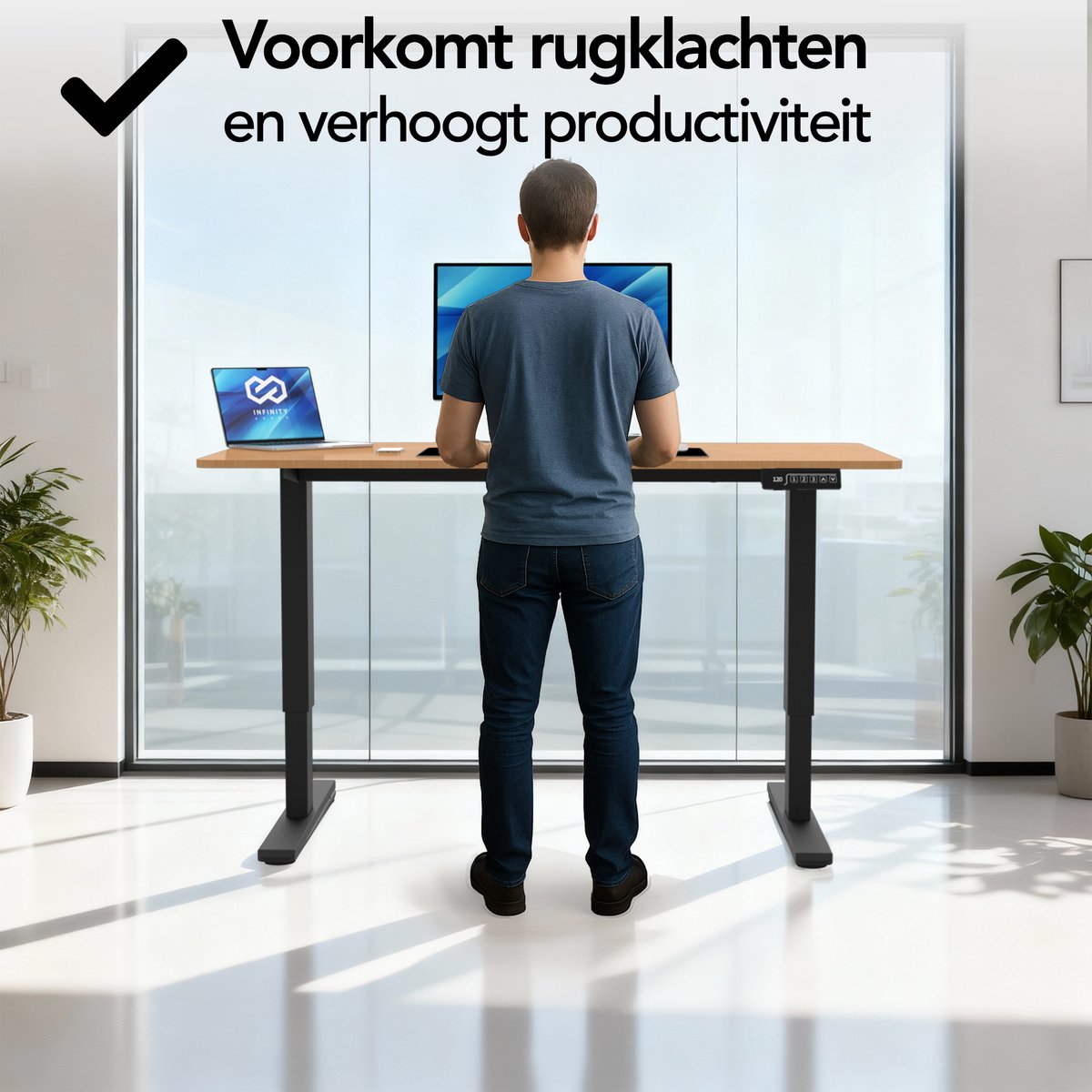 Infinity Goods Zit Sta Bureau Elektrisch Verstelbaar - 140 x 60 CM - Geheugenfunctie - Houtkleur thumbnail 2