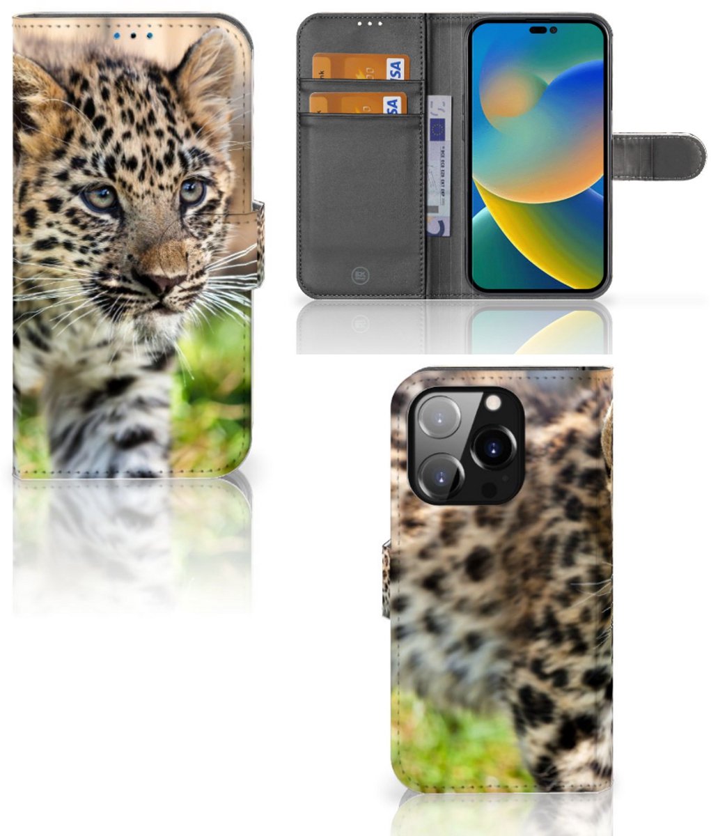 iPhone 14 Pro Telefoonhoesje met Pasjes Baby Luipaard
