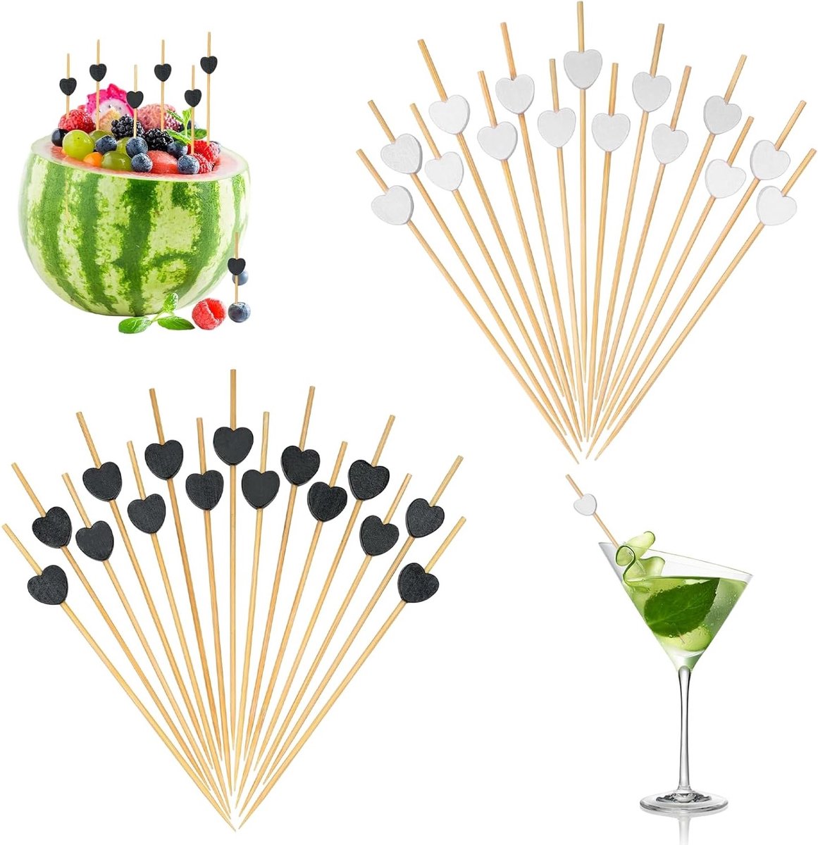 Hartvormige Cocktailprikkers - 200 Stuks, 12 cm, Wit & Zwart - Perfect voor Drankjes, Hapjes, Fruit en Desserts op Elk Feestje