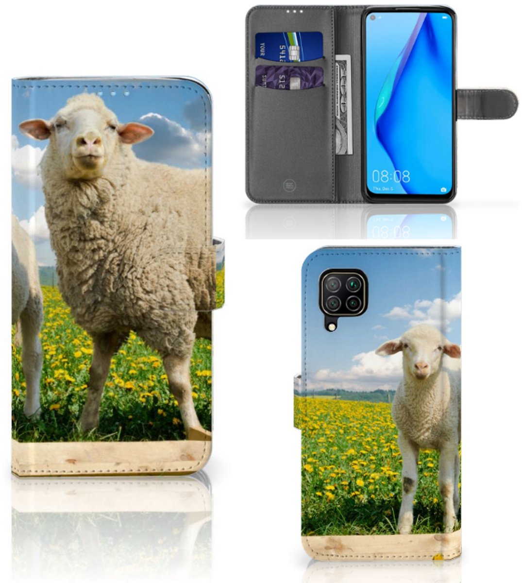 Huawei P40 Lite Telefoonhoesje met Pasjes Schaap en Lammetje