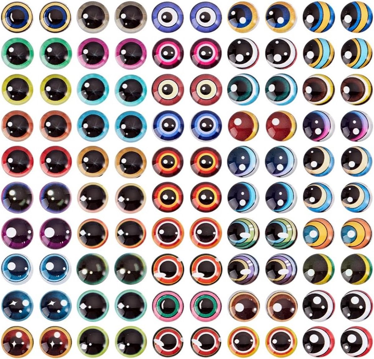 Image of 100 Stuks 50 Stijlen Glazen Cabochon Ogen in Diverse Kleuren voor Ambachten, 12mm Ogen voor Beeldhouwen, DIY Sieraden en Decoratie