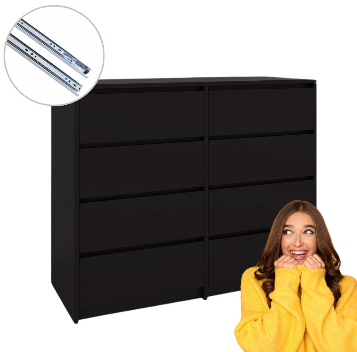 Fernika Serie - Kommode met 8 Lades - Zwart - Eenvoudige Montage - 120x98,2x43 cm