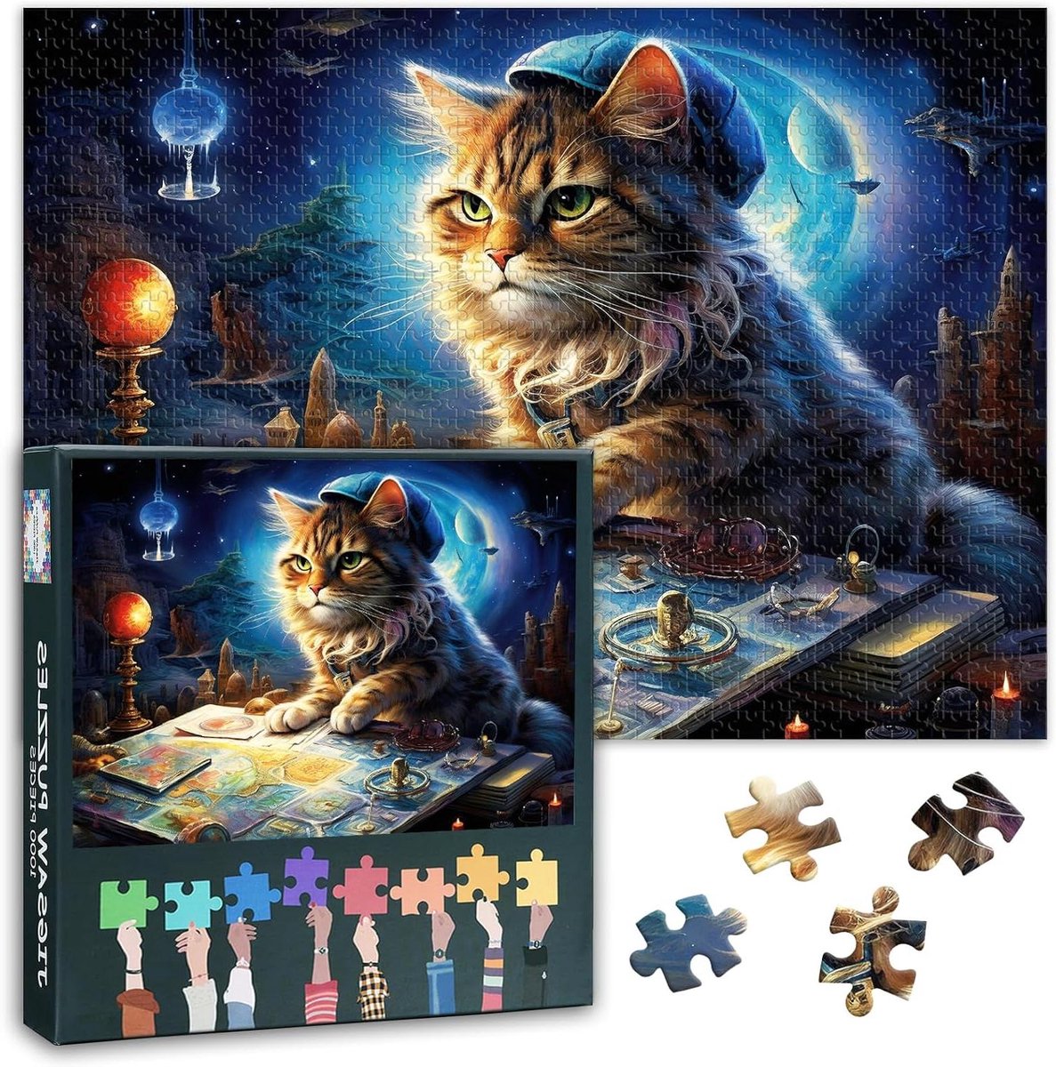 Fantasy Puzzels, een kat die een astronoom en een geoloog is, puzzel voor volwassenen, 1000 stukjes, onmogelijke uitdagende moeilijke puzzelspellen voor volwassenen, 50 x 70 cm