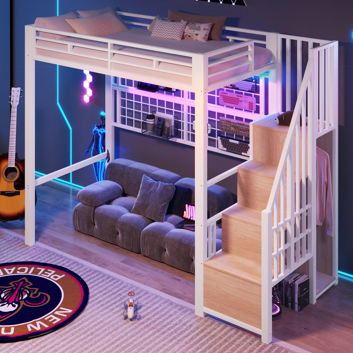 Merax Hoogslaper 90 x 200 cm - met kledingkast - opbergtrap - beschermrail - met LED-verlichting - zonder matras - wit
