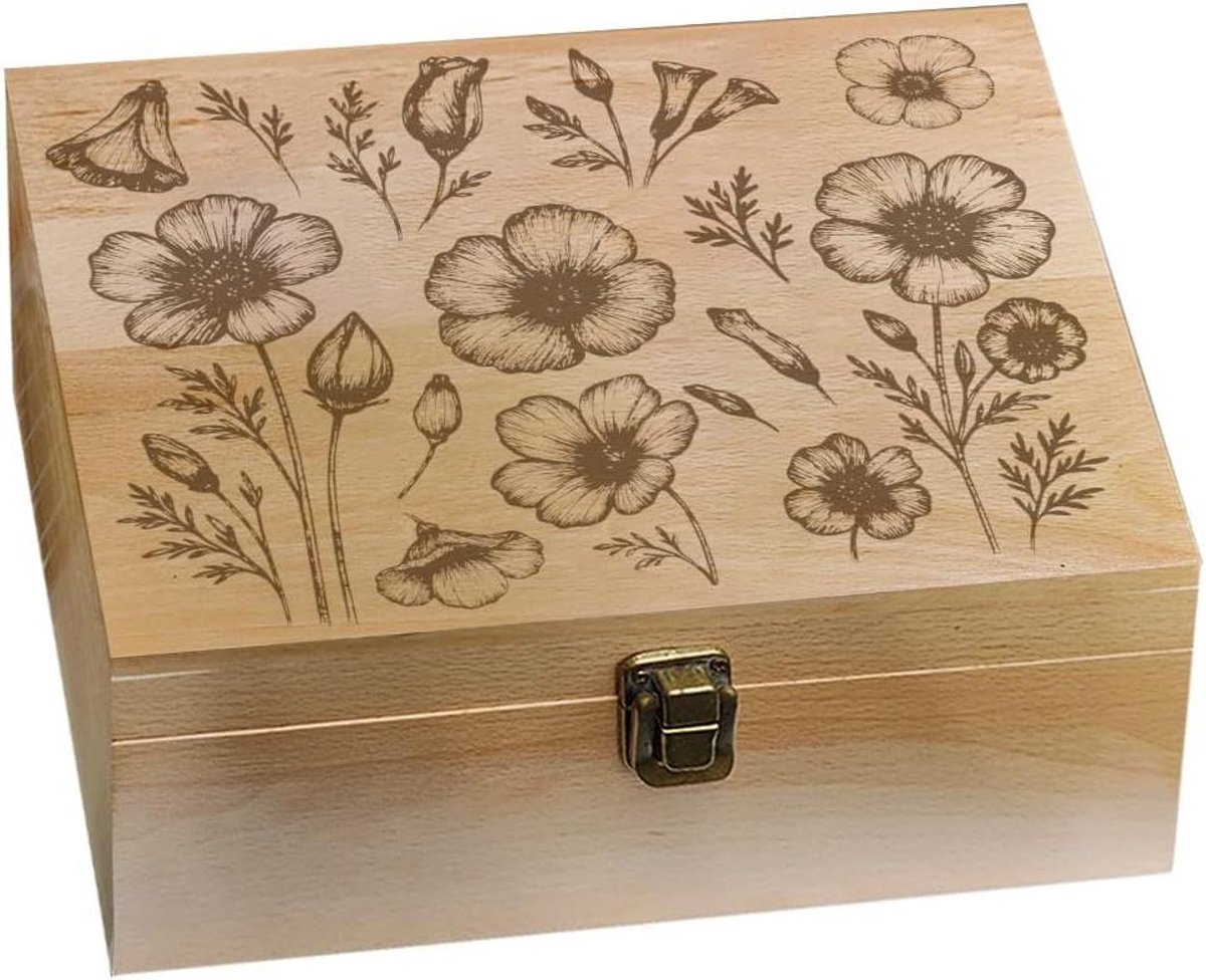 Houten Aandenken Doos - Decoratieve Opberger - Souvenirs Bewaren - Bloemenpatroon Decoratie - 245x195x103cm - Natuurlijk Hout