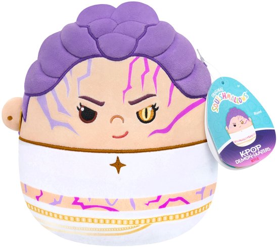 Ronde Rumi Squishmallow met paars haar, roze gezichtstekeningen en een label met de tekst K-Pop Demon Hunters.