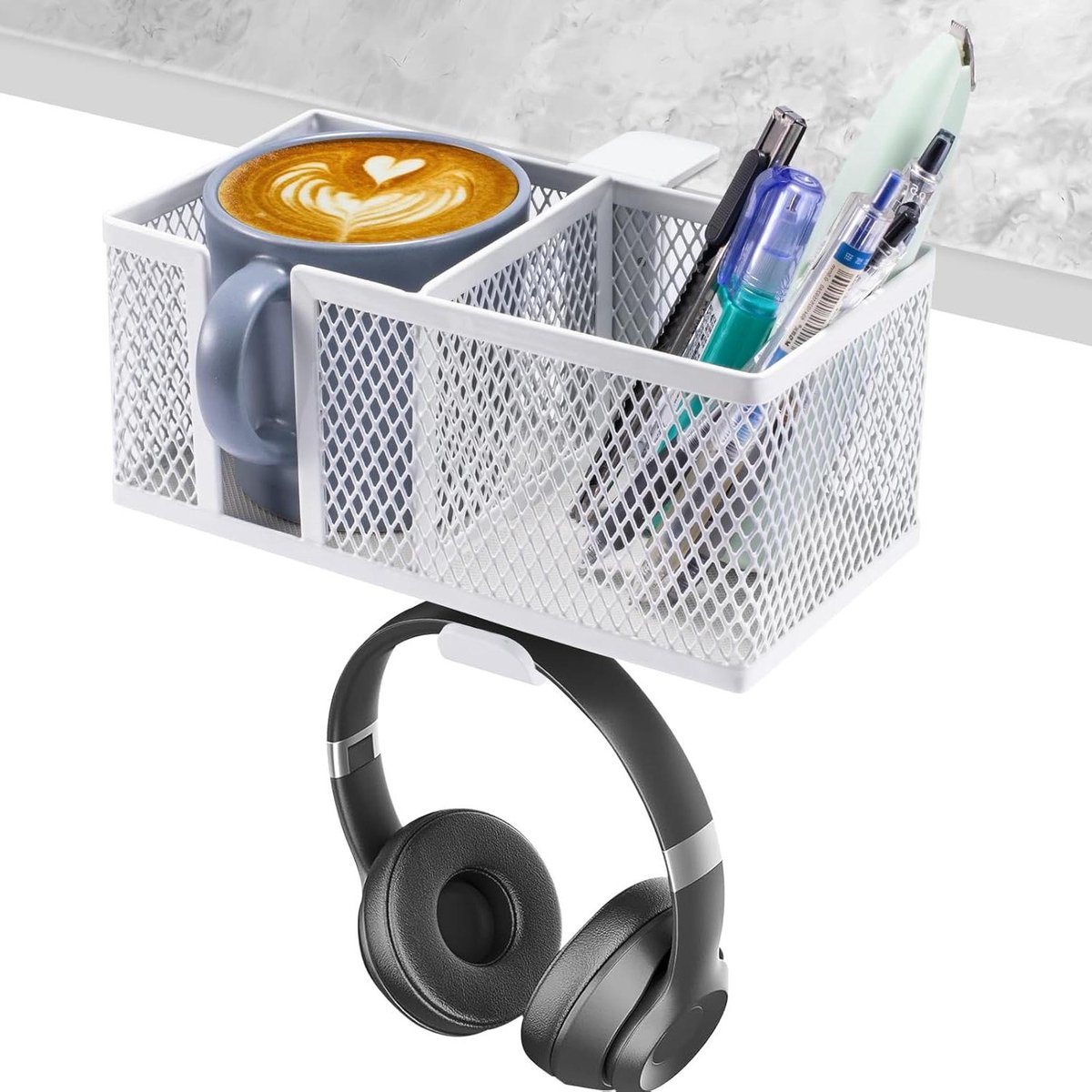 Bekerhouder Hoofdtelefoonhouder - Bureau Organizer - Bureau Organiseren - 3-in-1 Design - 5 Kilogram - Wit