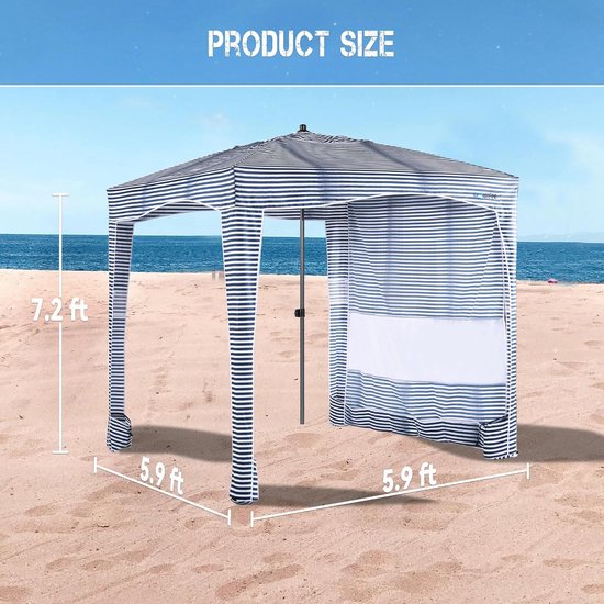 Strandtent - Strandcabana Zonnescherm - Bescherming tegen de zon - Afneembare zonnewand - 6ft x 6ft - Blauw gestreept — afbeelding 4