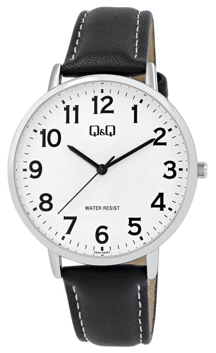 QQ C64A-005PY - Horloge - Polshorloge - Heren - Mannen - Leren band - Rond - Metaal - Zwart - Zilverkleurig - Wit
