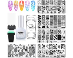 AIMEILI Nail Stamper Nail Art Stamping Templates Manicure Tool Kit, 5 Pieces Nail Stamping Plates, 2 Stamper, 2 Scraper, French Tip Nail Art Print Set