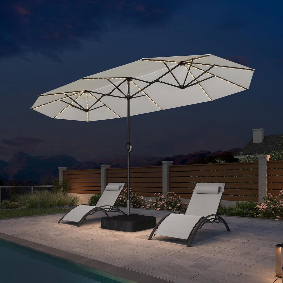 Dubbele Parasol 400x200 cm met LED Verlichting & Standaard – Rechthoekige Tuinparasol met Zonne-energie, UV-bescherming, Waterafstotend, Aluminium Frame – Crème – Nicolehome