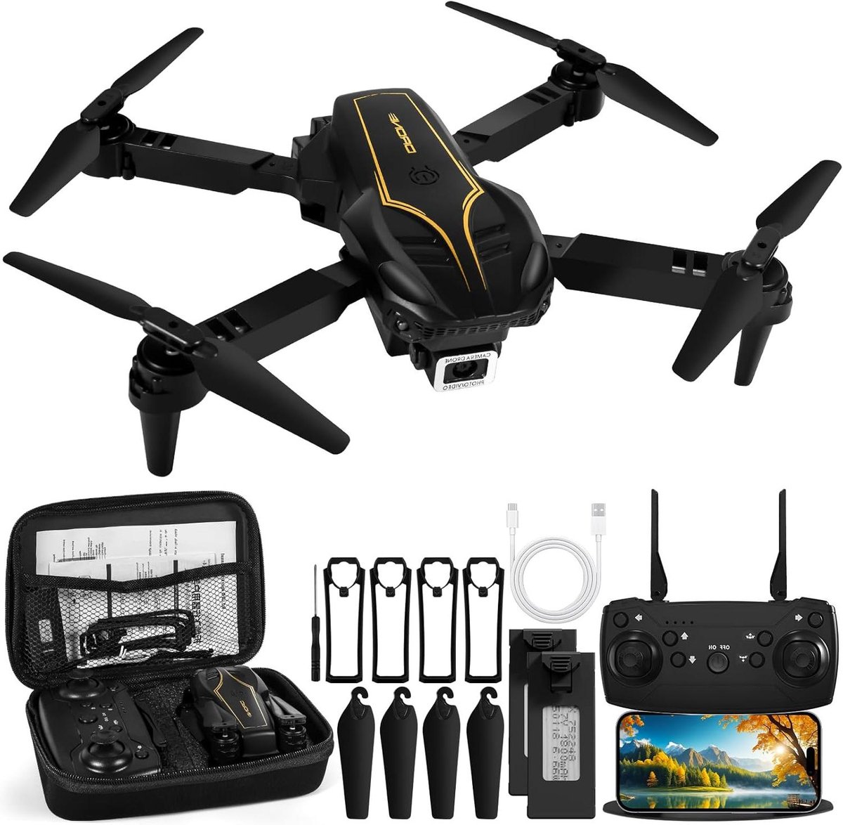 drone met 1080P camera voor kinderen en volwassenen,opvouwbare RC quadcopter drone voor beginners, mini opvouwbare drone, speelgoed voor jongens en meisjes cadeaus,2 extra batterijen (zwart)