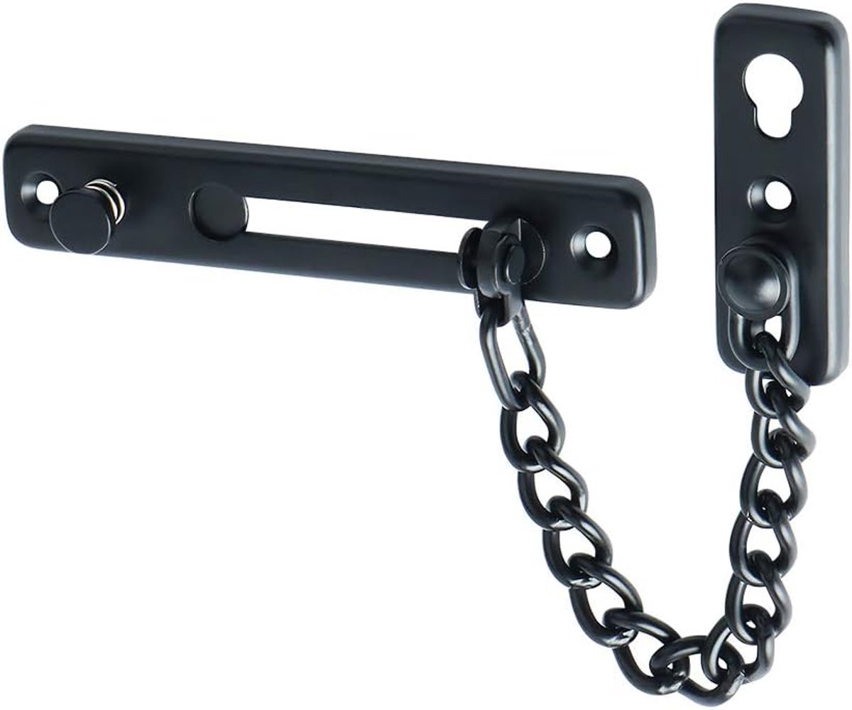 Deurketting met veerbelaste antidiefstal-drukvergrendeling — Geschikt voor binnendeuren en secundaire voordeuren — Zwart (1-pack)