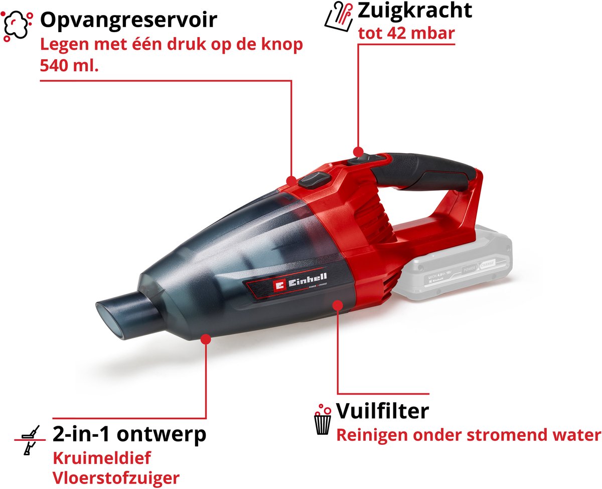 Einhell Accu Kruimelzuiger TE-VC 18 Li Rood 0,54L - afbeelding 2