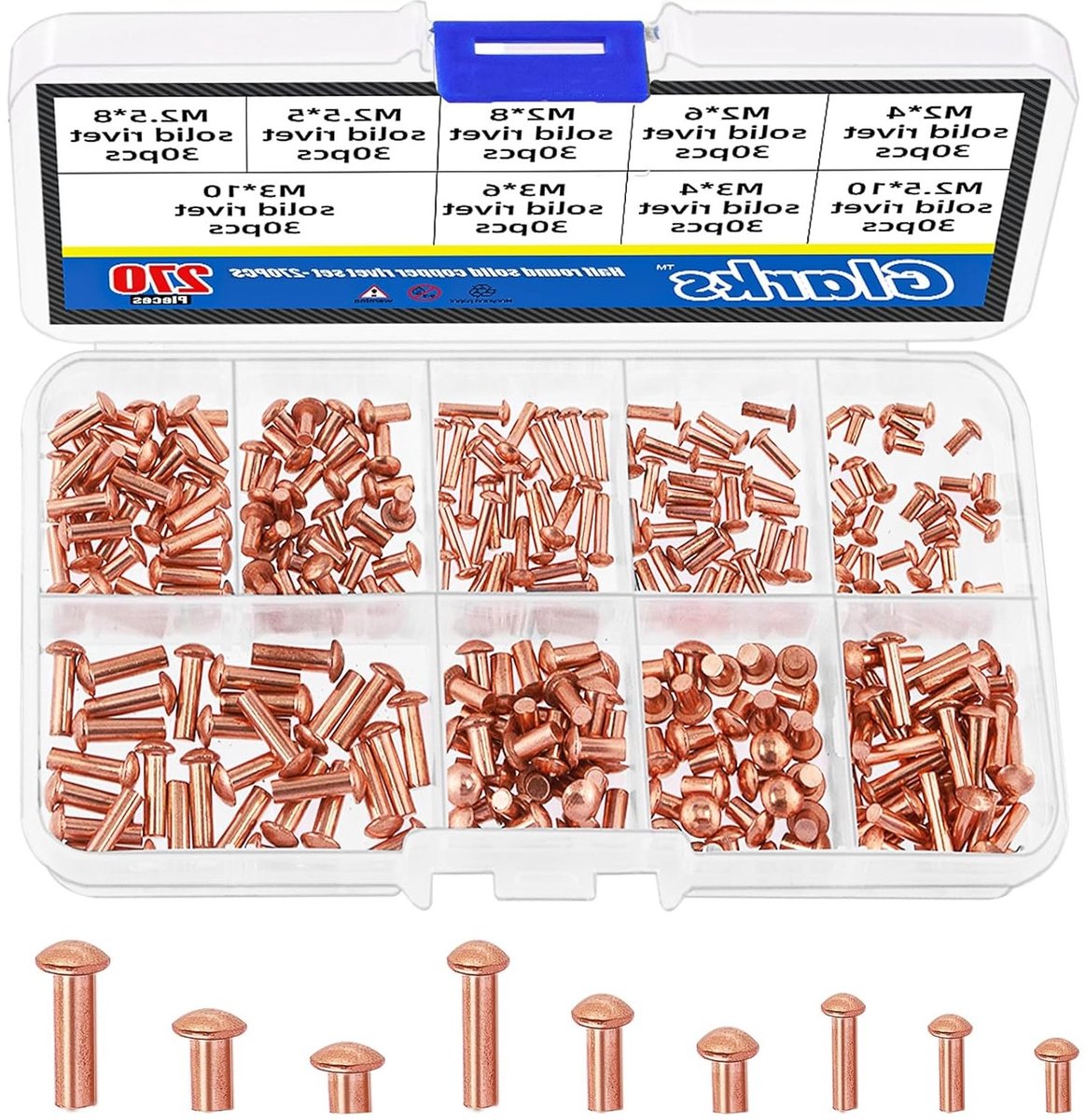 270 Stuks M2 M2.5 M3 Ronde Kop Solide Popnagels, 9 Maten Koper Popnagels voor Elektrische Toepassingen en Leren Werkbenodigdheden