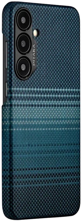 Blauw telefoonhoesje met grafisch patroon, 600D aramidevezel, PITAKA logo.