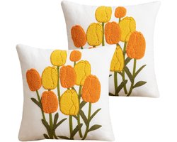HOSTECCO Embroidery Flower Pillow Covers, 18x18 Inch Set of 2 Spring Flower Pillow Covers, Orange and Yellow Tulip Decorative Pillowcases for Sofa Living Room