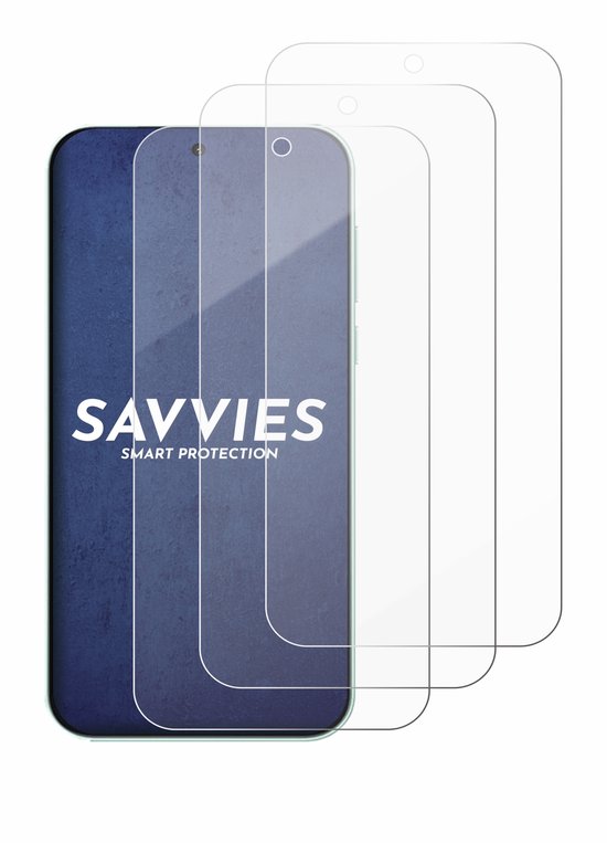 Drie transparante screenprotectors voor een smartphone, met de tekst "Savvies Smart Protection".