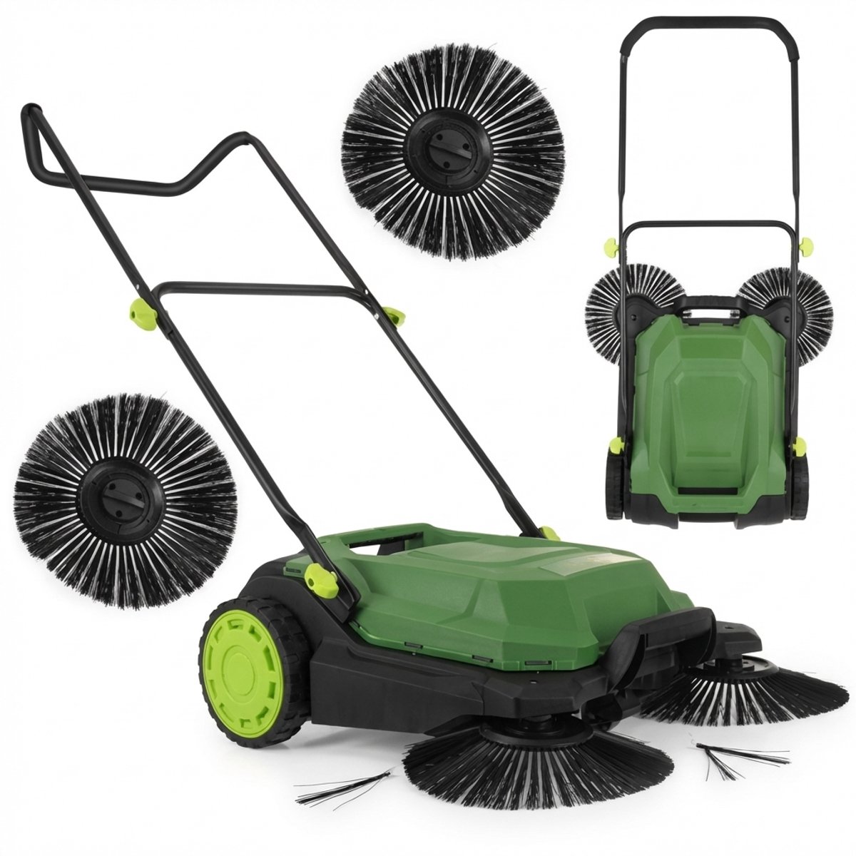 Veegmachine 68 cm - Handmatige Bladveger voor Buiten - 24 Liter Opvangbak - 3-Borstelsysteem