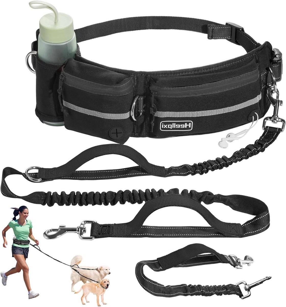 Handsfree Hondenriem - Hondenloopriem Heupgordel - Honden Uitlaten Trainen - Met Heuptasje Bungee - Standaard Maat - Zwart