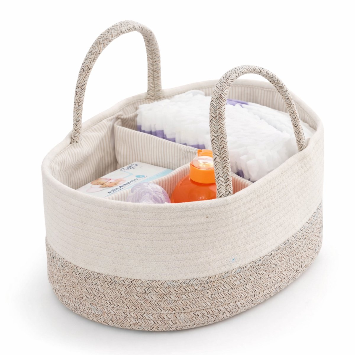 Katoenen Luiermand met Handvatten – Baby Organizer met 3 Vakken – Commode Organizer / Diaper Caddy – Opbergmand Baby – Crème Beige