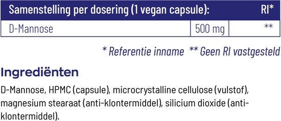 Samenstelling per dosering: 1 vegan capsule D-Mannose 500 mg. Ingrediënten: D-Mannose, HPMC, microkristallijne cellulose, magnesiumstearaat, siliciumdioxide.
