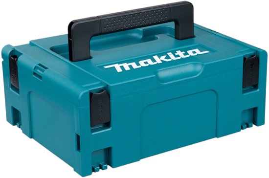 Turquoise Makita opbergkoffer met wit logo en zwart handvat.