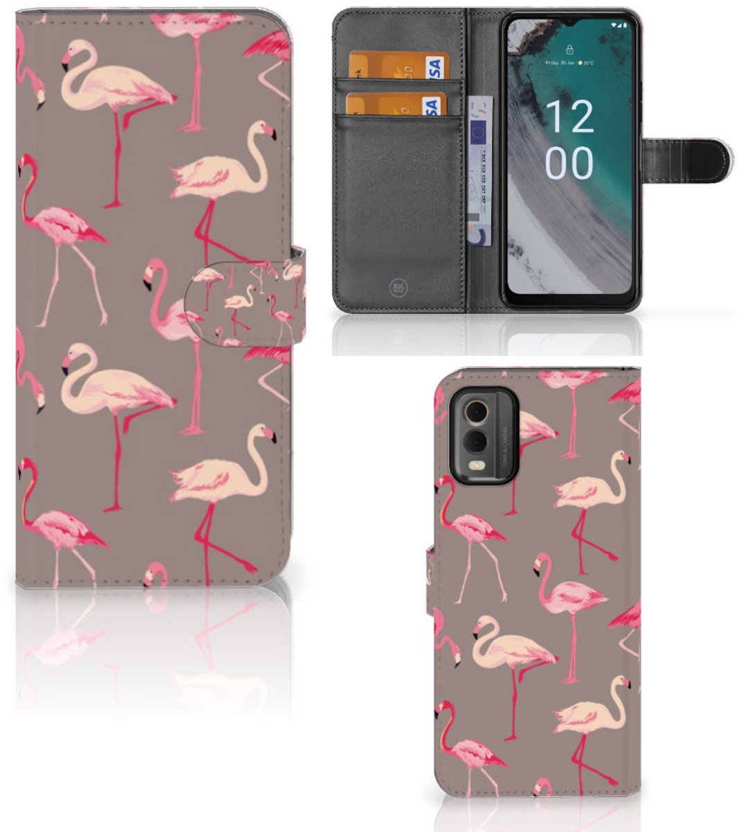 Nokia C32 Telefoonhoesje met Pasjes Flamingo