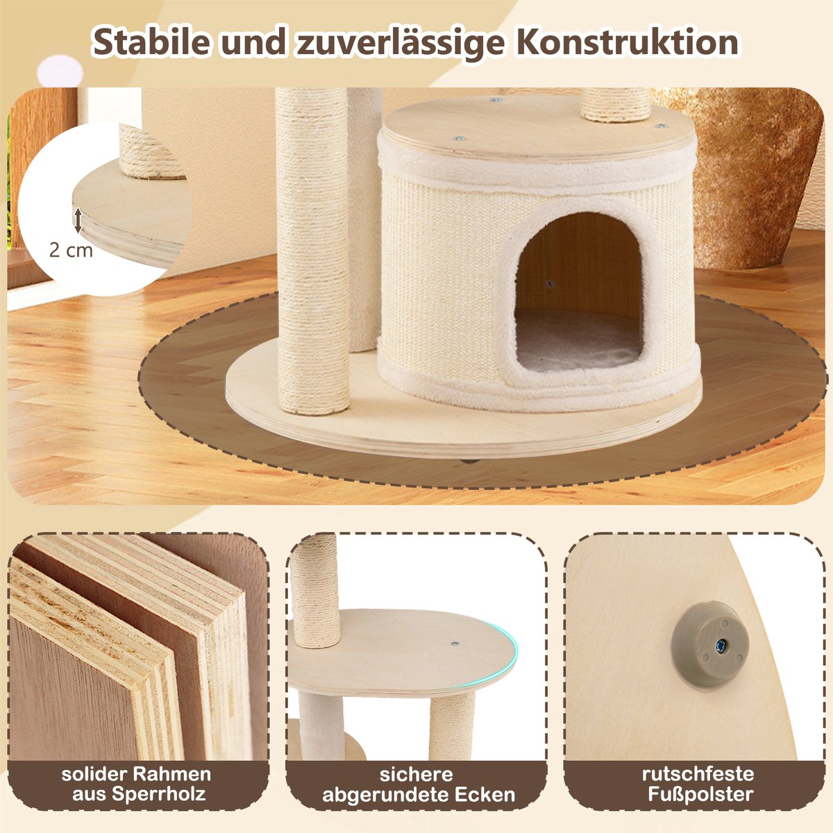 COSTWAY Krabpaal groot, kattenboom met 2 kattenholletjes, mand, sisal-krabpalen, speelbal & platform, kattenkrabpaal katten, kattenmeubel, klimboom, activiteitsboom, hout, natuur, 152 cm hoog – foto 2