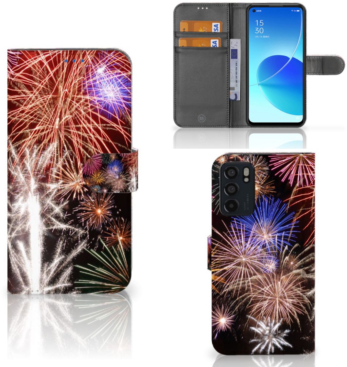 OPPO Reno6 5G Wallet Case met Pasjes Vuurwerk