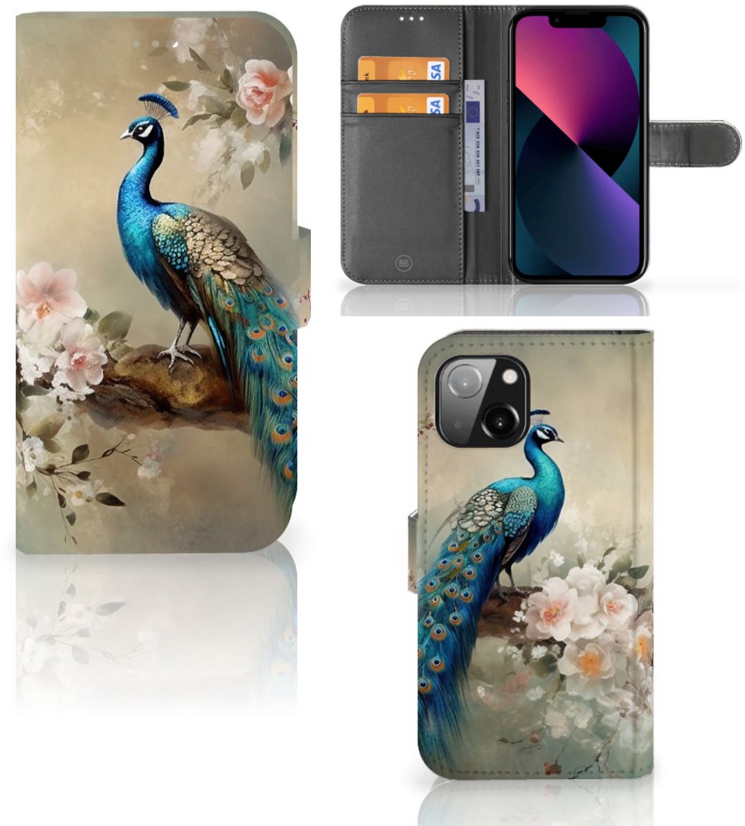 Telefoonhoesje met Pasjes voor Apple iPhone 13 Vintage Pauwen
