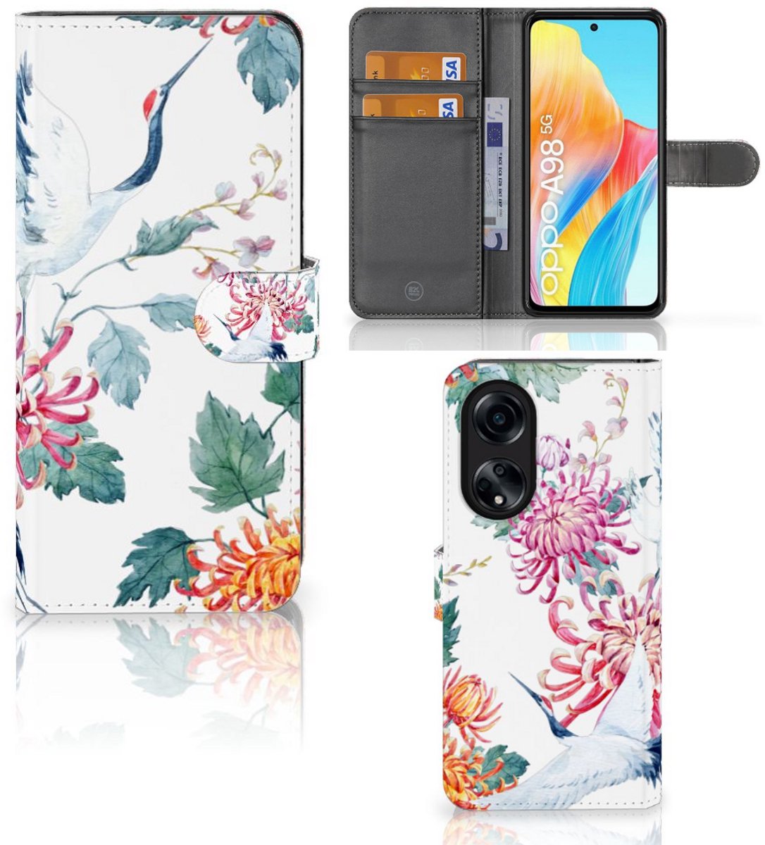 OPPO A98 5G Telefoonhoesje met Pasjes Bird Flowers
