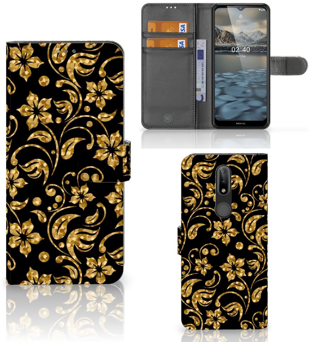 Nokia 2.4 Hoesje Gouden Bloemen