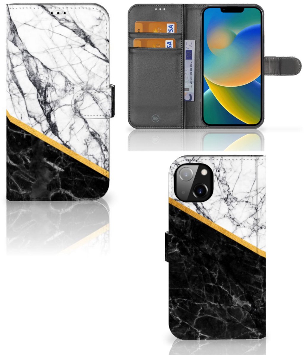 iPhone 14 Plus Bookcase Marmer Wit Zwart - Origineel Cadeau Man