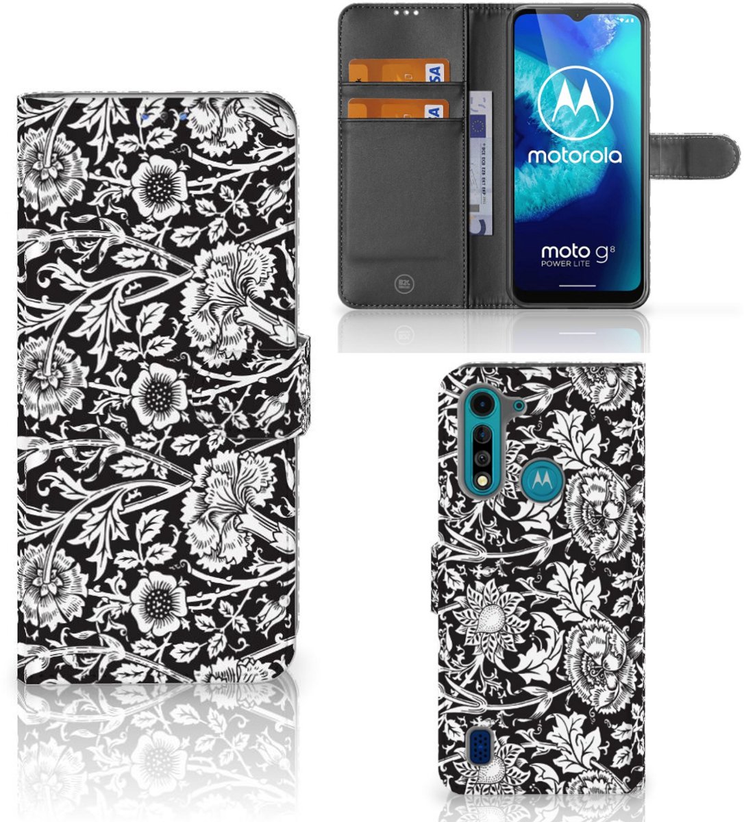 Motorola G8 Power Lite Hoesje Black Flowers