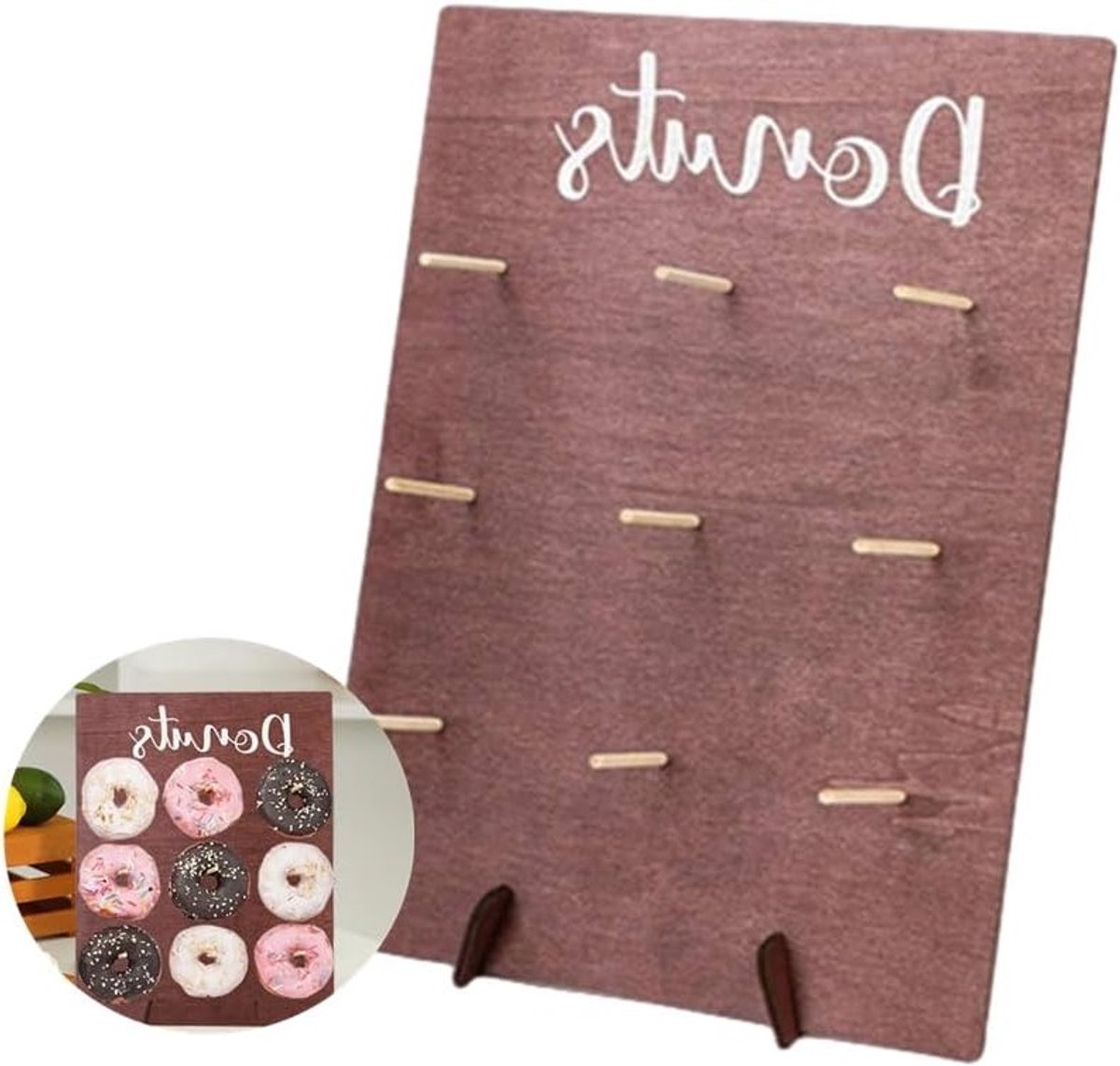 Houten Donut Wand voor 9 Donuts, Herbruikbare Rustic Dessert Tafel, Perfect voor Bruiloften, Verjaardagen en Feestjes, Stevige Taart Houder en Tafeldecoratie