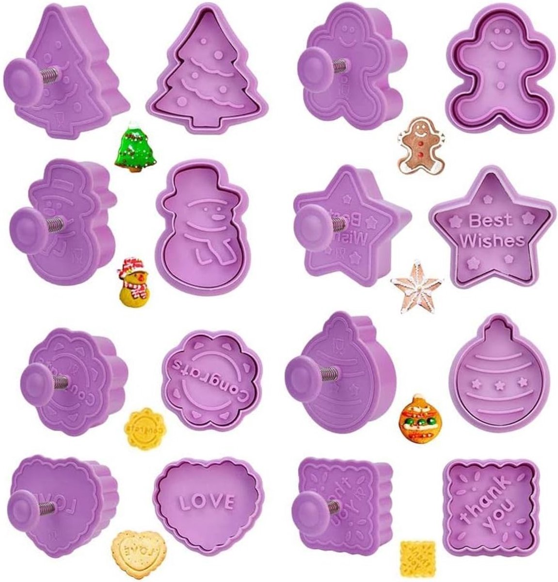 Set van 8 Mini 3D Kerst Koekjesuitsteekvormen, Drukbare en Gegraveerde Vormpjes voor Kerstbakken en Decoratie