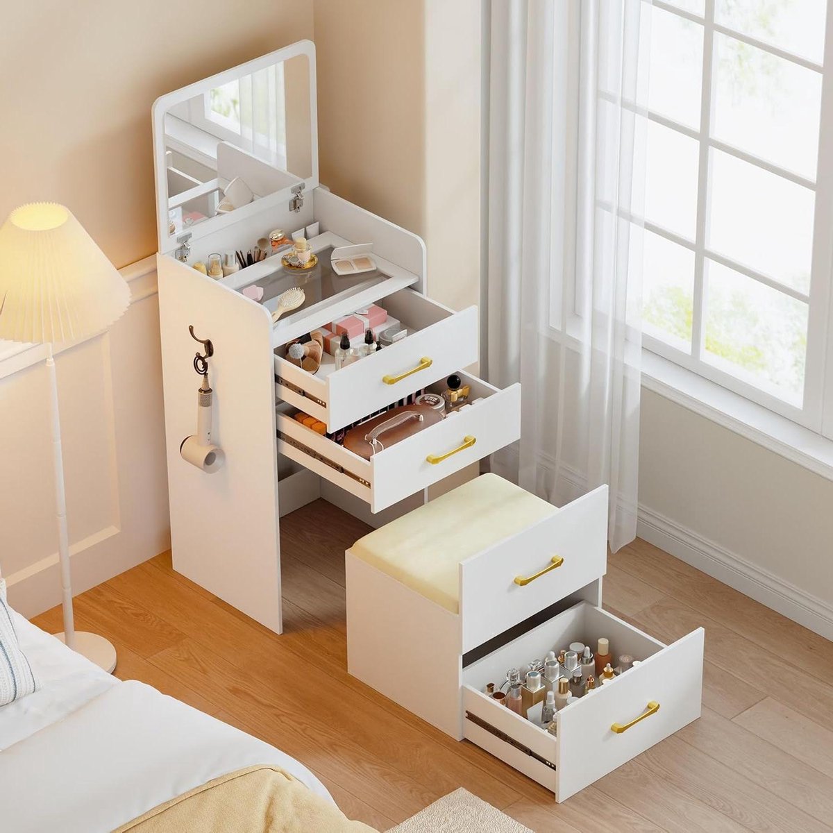 Hoekmake-uptafel - Kaptafel met spiegel - Klaarmaken voor de dag - Draadloos laadstation - 3 lades - Wit