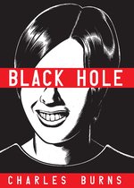Zwart-wit illustratie van een glimlachend gezicht met een rode band over de ogen met de tekst 'BLACK HOLE'.