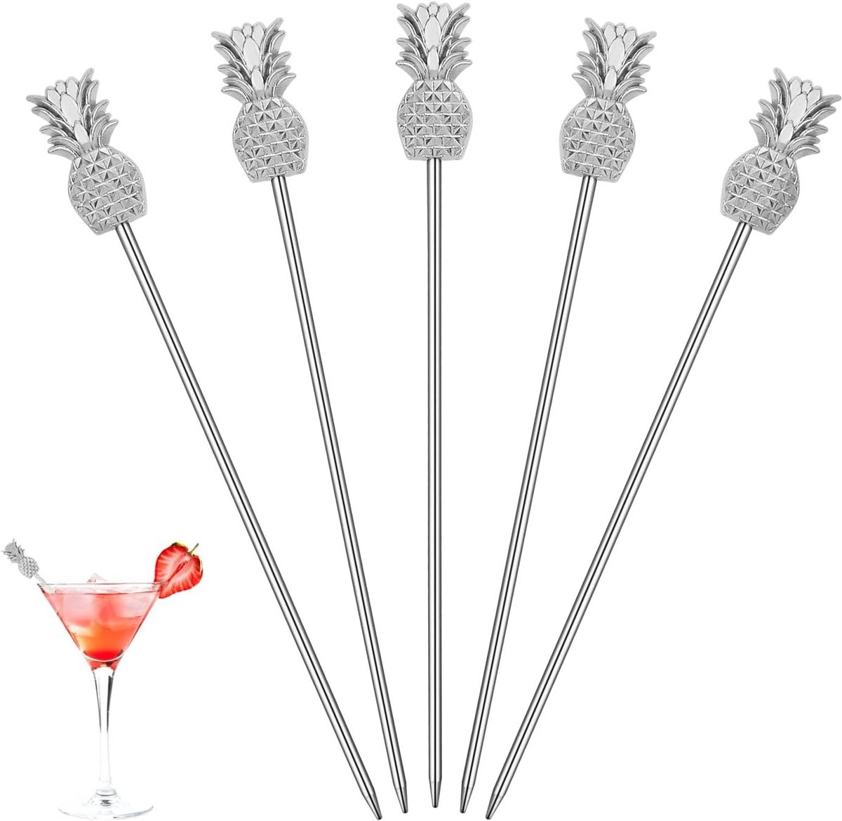 Metaal Cocktailprikkers voor Drankjes - Set van 5 Ananas Cocktailstokken, Perfect voor Feestjes en Evenementen - Zilverkleurig en Duurzaam