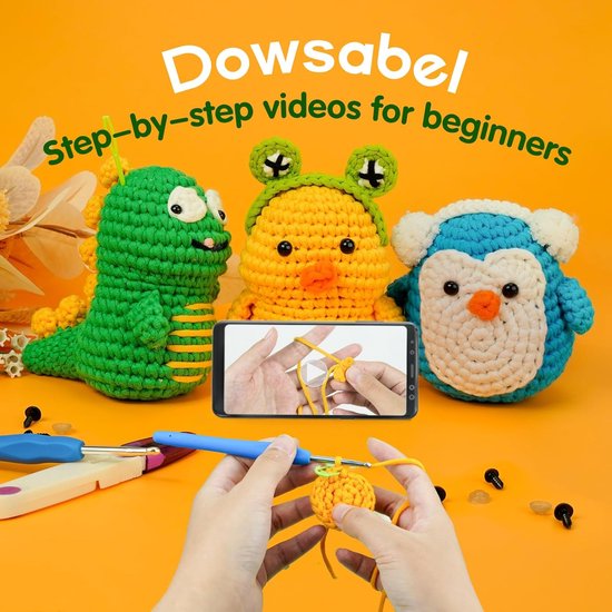 Dowsabel Haakset voor beginners, 3 patroondieren - dinosaurus, eend, pinguïn, leren haken kits voor volwassenen en kinderen, doe-het-zelf breibenodigdheden met stapsgewijze videozelfstudies — afbeelding 5