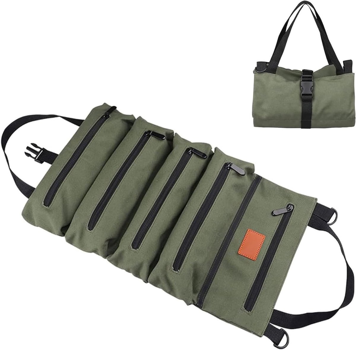 Multifunctionele Roll Up Gereedschapstas van Canvas met 5 Ritsvakken en Compact Ontwerp voor Gereedschap en Accessoires