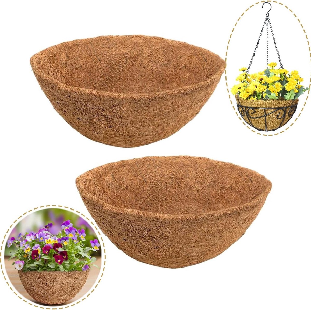 Set van 2 Kokosvezel Mandjes met Natuurlijke Inleg, Ademend voor Planten, Hangende Bloembakken en Tuin Groenten (Ø35cm)