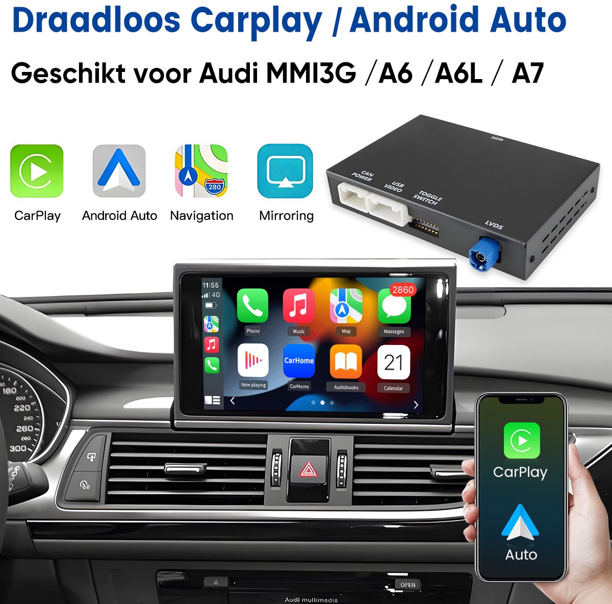 Autoradio CarPlay-module Geschikt voor Audi MMI3G A6 A6L A7 Draadloos CarPlay, Android Auto plug-and-play