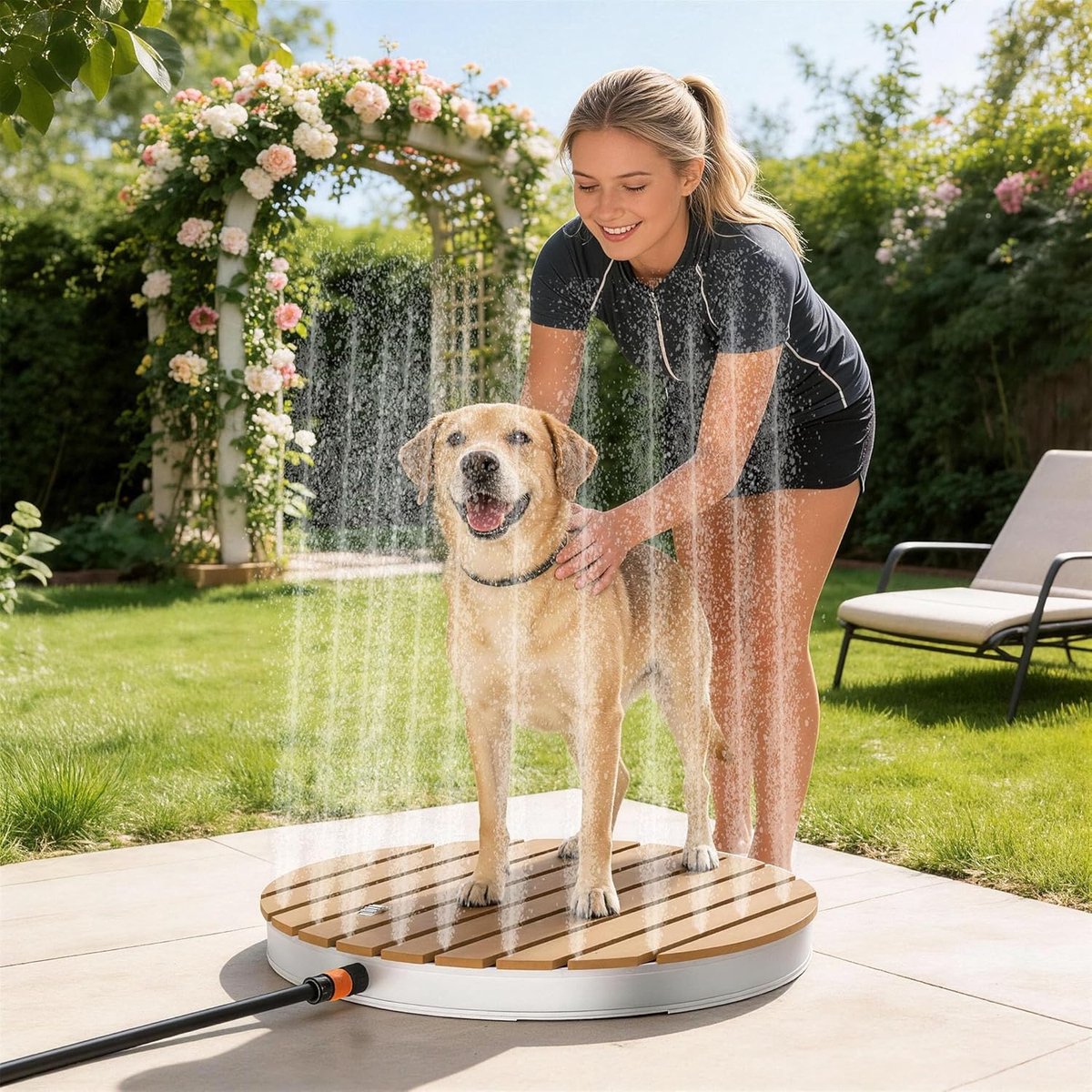 AufuN tuindouche buitendouche gemaakt van WPC/Aluminium, mobiele douche op de vloer, camping douche met anti-slip basis, sauna douche voor camping, tuin, zwembad douche (rond, bruin) thumbnail 3