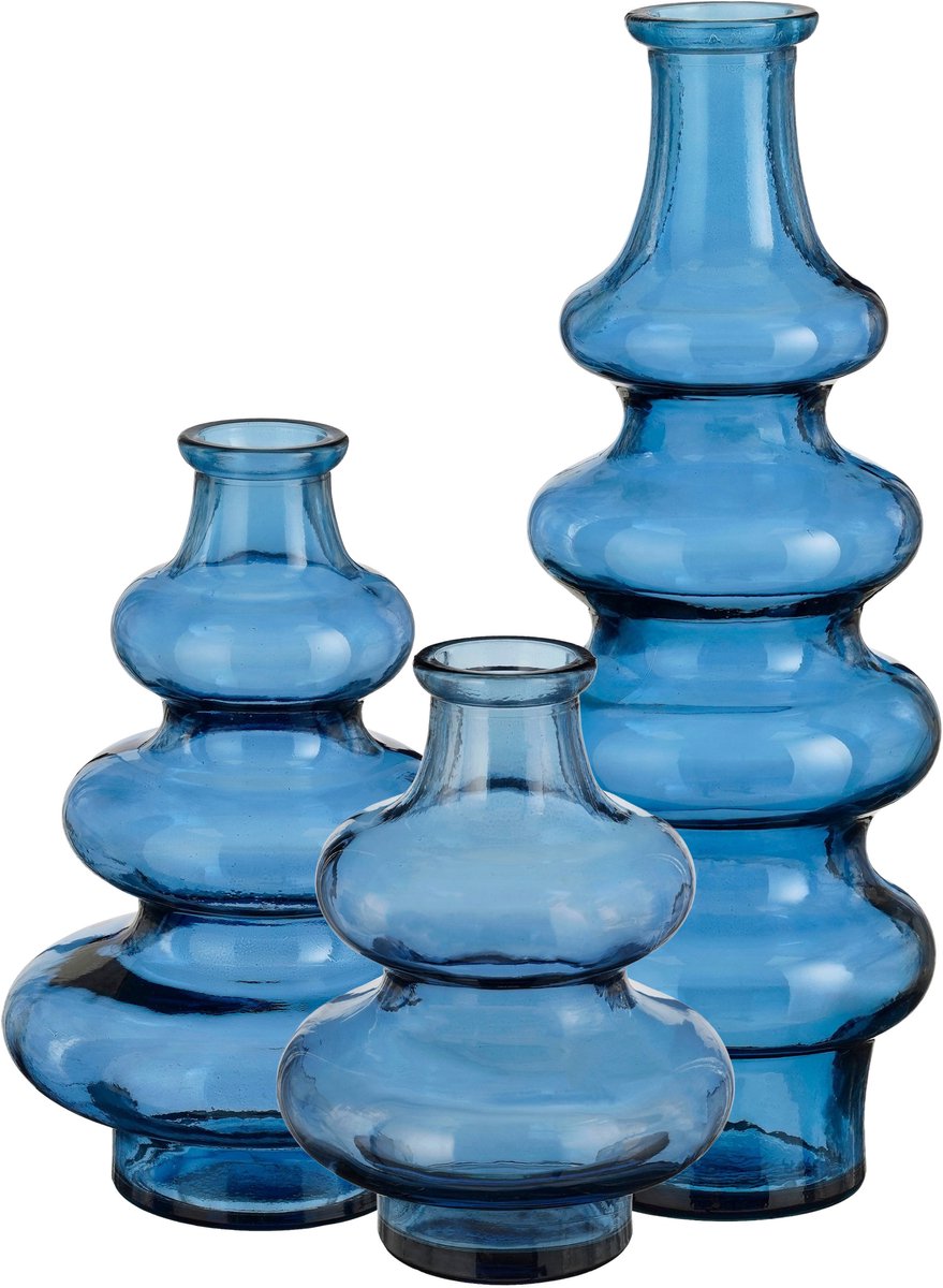 Mica Decorations Bloemenvaas Sira - 3x - transparant glas - blauw - 3 maten - vaas - sierlijk model