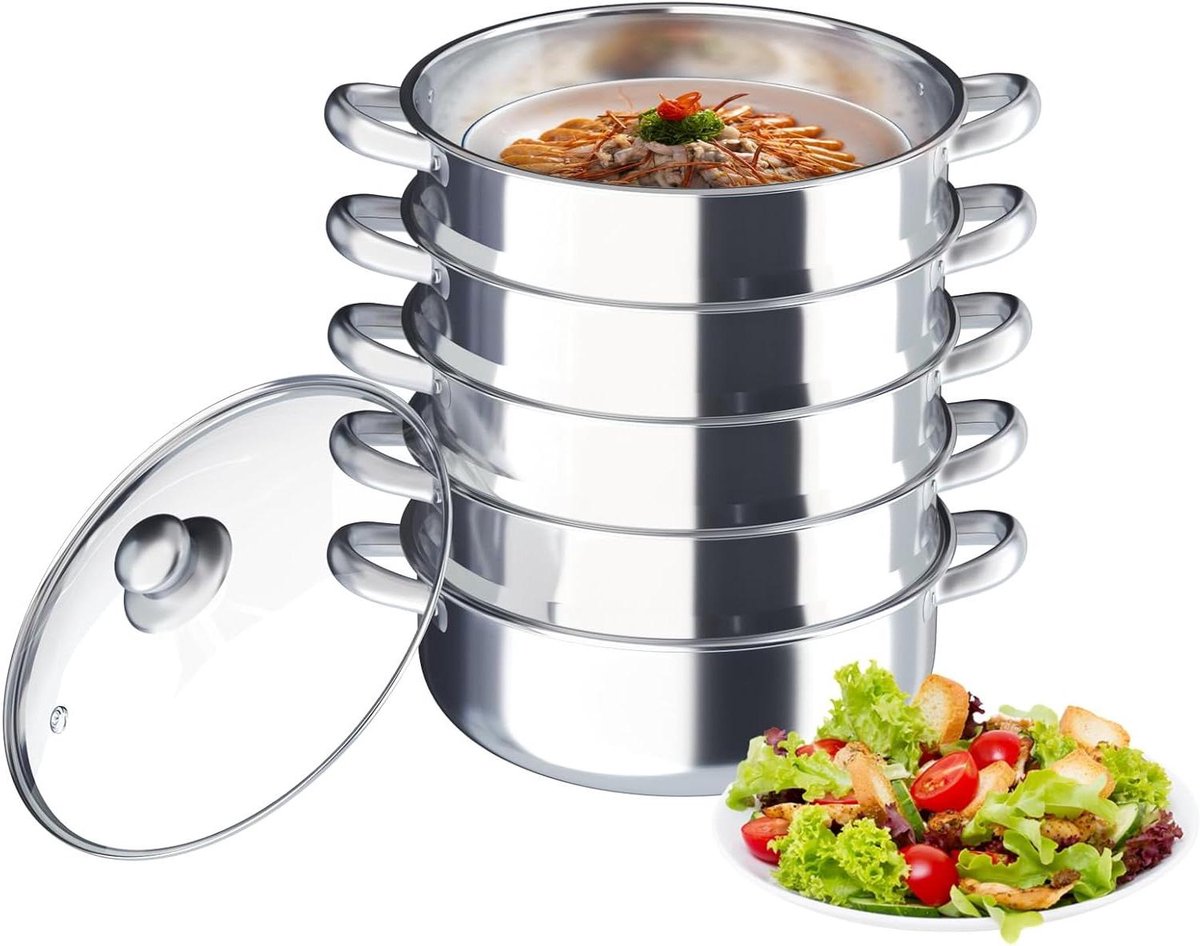 Stoompan RVS - Stoomkoker Groenten - Gezond Koken - 5-Laags Capaciteit - 30 cm Diameter - Zilver
