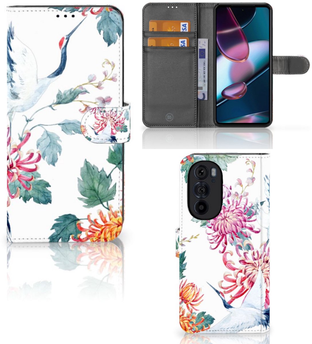 Book Case voor Motorola Edge 30 Pro Telefoonhoesje met Pasjes Bird Flowers