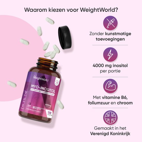 Flesje WeightWorld Myo-Inositol tabletten, met 4000 mg inositol per portie, vitamine B6, foliumzuur en chroom. Gemaakt in het Verenigd Koninkrijk.