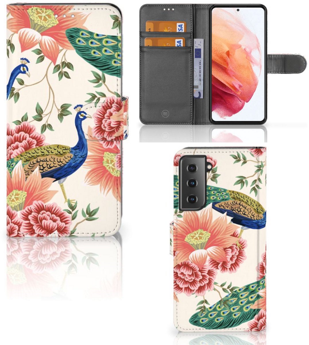 Book Case voor Telefoonhoesje met Pasjes voor Samsung Galaxy S21 Pink Peacock